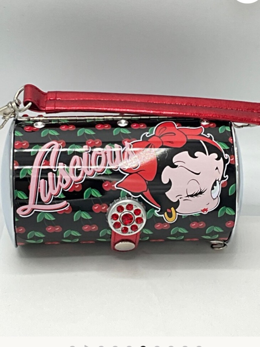 Betty Boop collectors Black Cherry Print Tin  Wristlet Purse with Red Accents